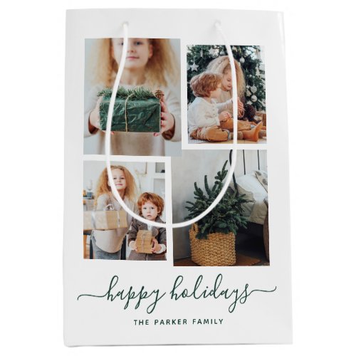 Happy Holidays  Modern Four Photo Collage Medium Gift Bag
