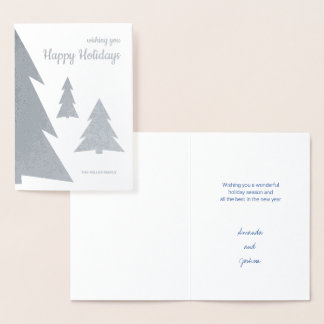 Happy Holidays Modern Geometric Trees Silver Foil Card
