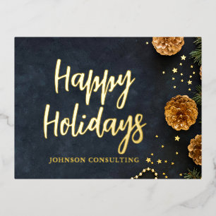Happy Holidays Modern Gold Pine Cones Stars Foil Holiday Postcard