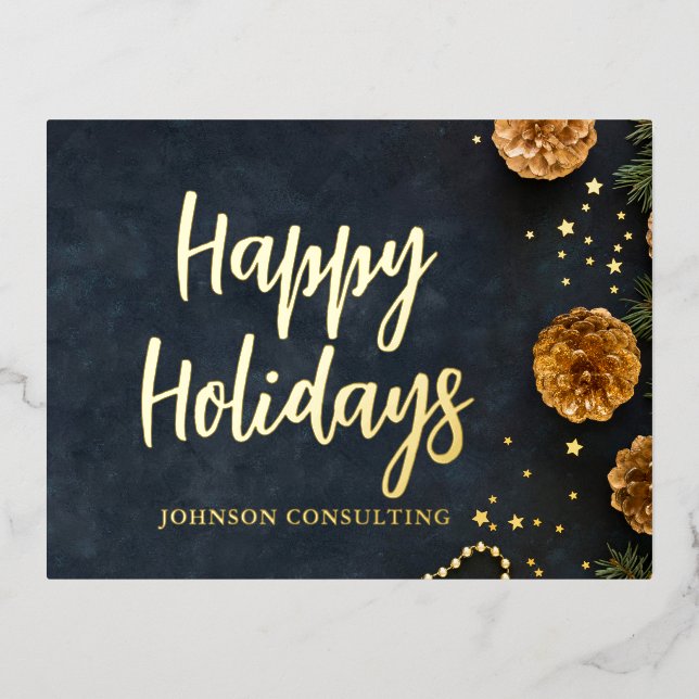 Happy Holidays Modern Gold Pine Cones Stars Foil Holiday Postcard (Front)