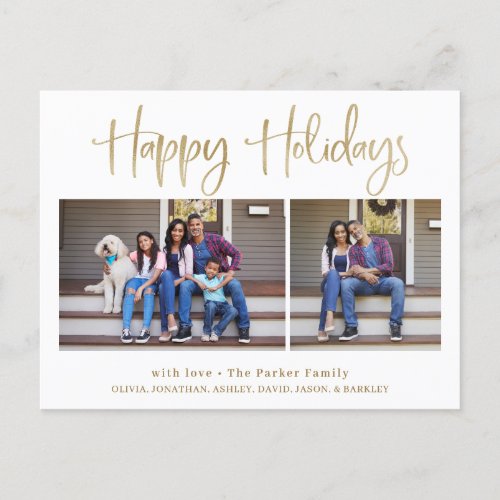 Happy Holidays  Modern Gold Two Photo Holiday Postcard