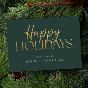 Happy Holidays Modern Green Gold Script Business Holiday Card