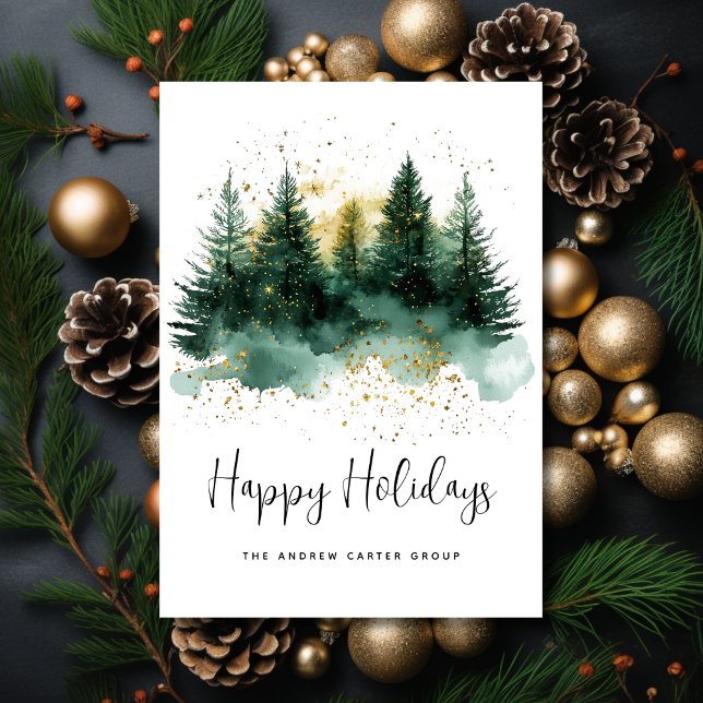 Happy Holidays Modern Green Gold Script Business Holiday Card (Creator Uploaded)
