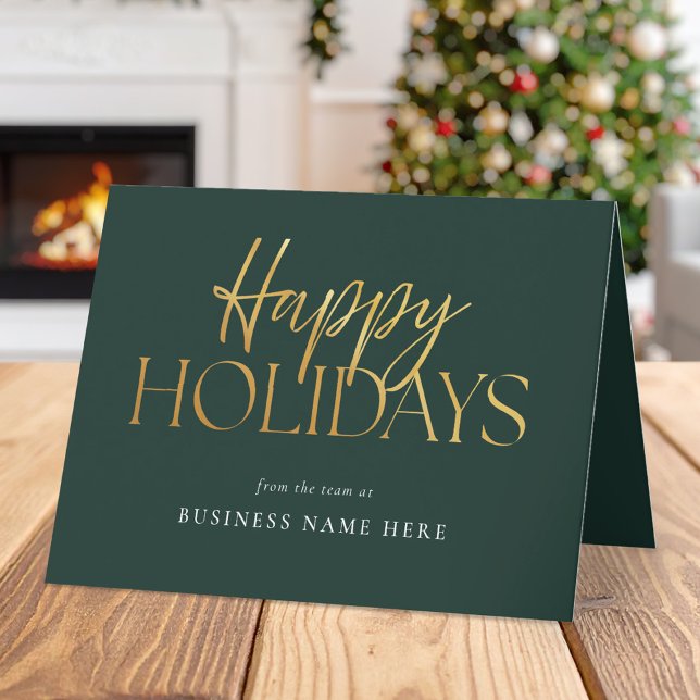 Happy Holidays Modern Green Gold Script Business Holiday Card (Creator Uploaded)