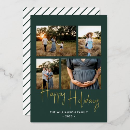 Happy Holidays Modern Green Script 4 Photo Gold Foil Holiday Card