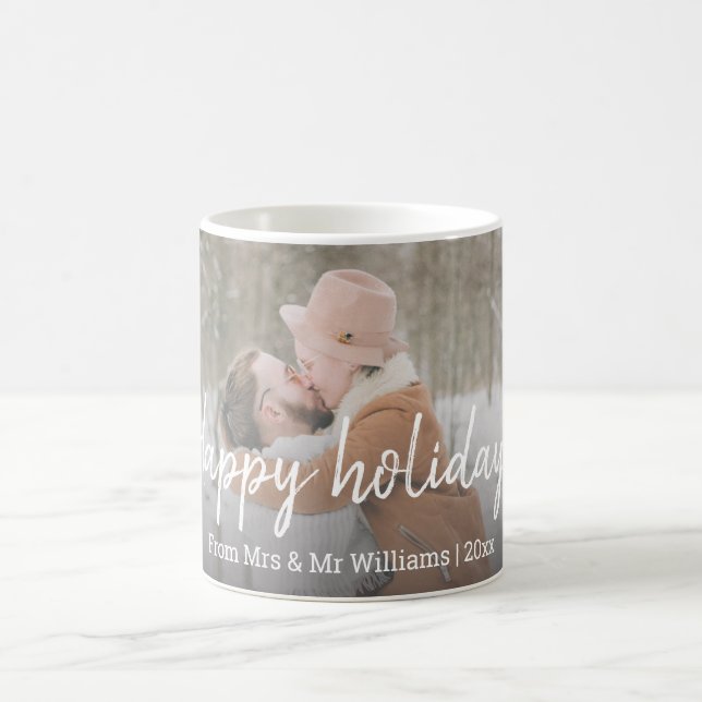 happy holidays, modern handwriting wedding photo coffee mug (Center)