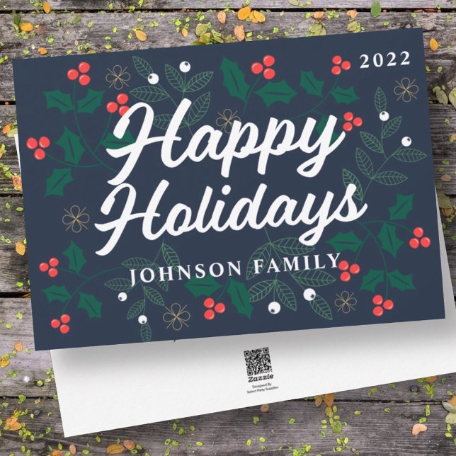 Happy Holidays Modern Holly Berries Foliage Holiday Card (Creator Uploaded)
