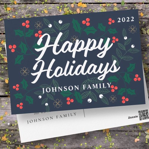 Happy Holidays Modern Holly Berries Foliage Holiday Postcard