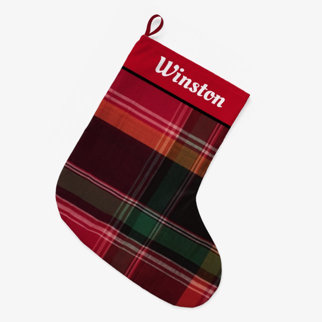Happy Holidays Modern Madras Plaid Personalize Large Christmas Stocking (Front (Hanging))