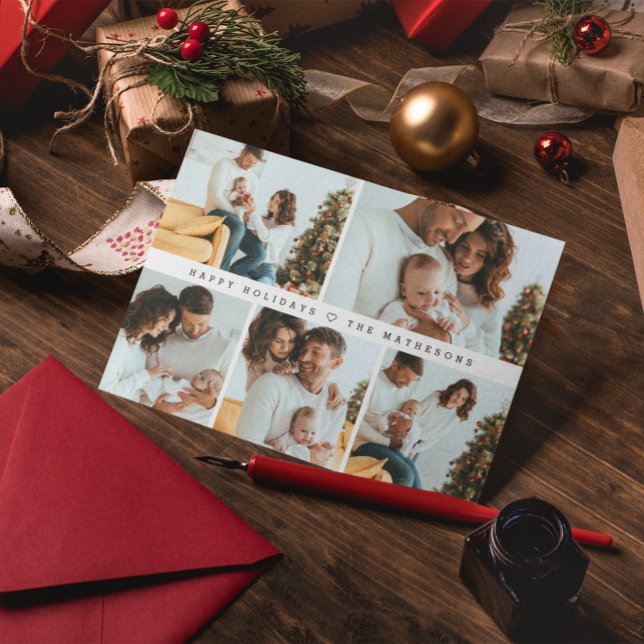 Happy Holidays Modern Minimal Multi Photo Grid Holiday Card (Modern Family photo collage Happy Holidays Christmas greeting card.)