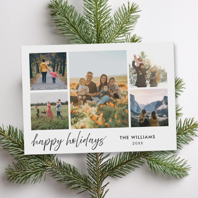 Happy Holidays Modern Minimalist 5 Photo Collage Holiday Card (Creator Uploaded)