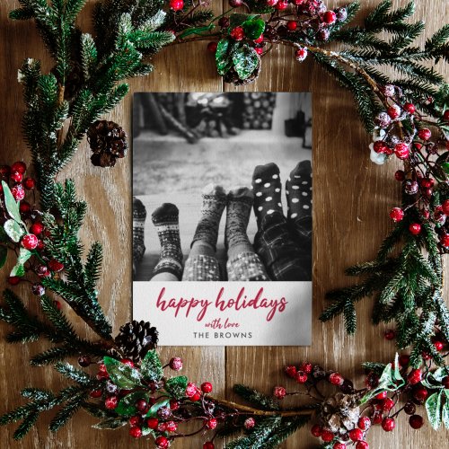 Happy Holidays  Modern Minimalist Red Xmas Photo Holiday Card