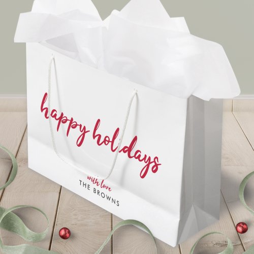 Happy Holidays  Modern Minimalist Red Xmas Script Large Gift Bag