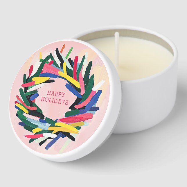 Happy Holidays Modern Pink Christmas Wreath Mini Candle Favors (Corner)