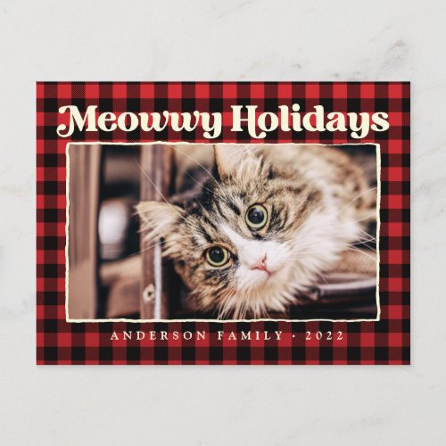 Happy Holidays Modern Plaid Funny Pet Cat Photo Holiday Postcard