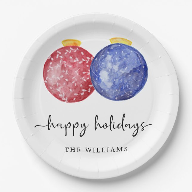 Happy Holidays Modern Red Blue Ornaments Simple Paper Plates (Front)