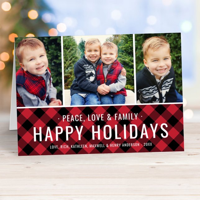 Happy Holidays Modern Red Buffalo Plaid Photo Holiday Card (Creator Uploaded)
