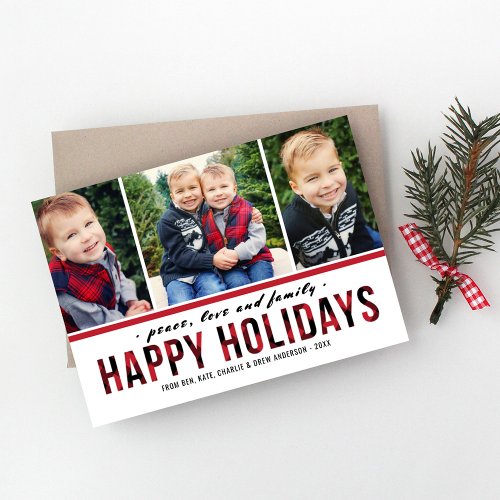 Happy Holidays Modern Red Buffalo Plaid Photo Holiday Card