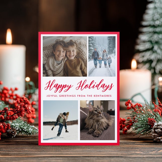 Happy Holidays Modern Red Photo Collage Christmas Letterpress Photo Cards (Creator Uploaded)