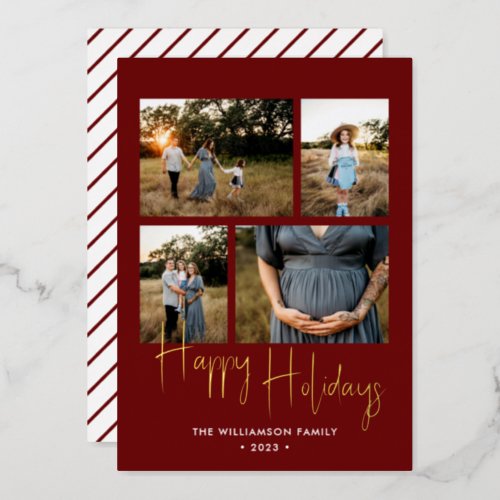 Happy Holidays Modern Red Photo Collage Gold Foil Holiday Card