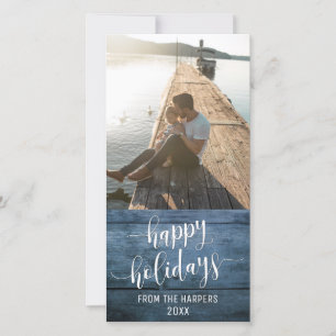 Happy Holidays Modern Script Blue Rustic Wood Holiday Card