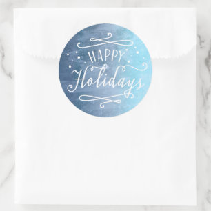 Happy Holidays Modern Script Blue Watercolor Classic Round Sticker