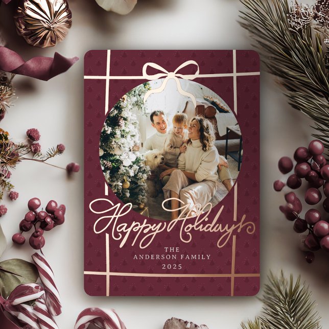 Happy Holidays Modern Script Bow Burgundy 1 Photo Foil Holiday Card (Gold Foil Calligraphy Happy Holidays Photo Christmas Card)