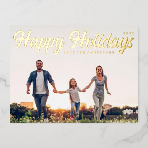 HAPPY HOLIDAYS MODERN Script Gold Photo Foil Holiday Postcard