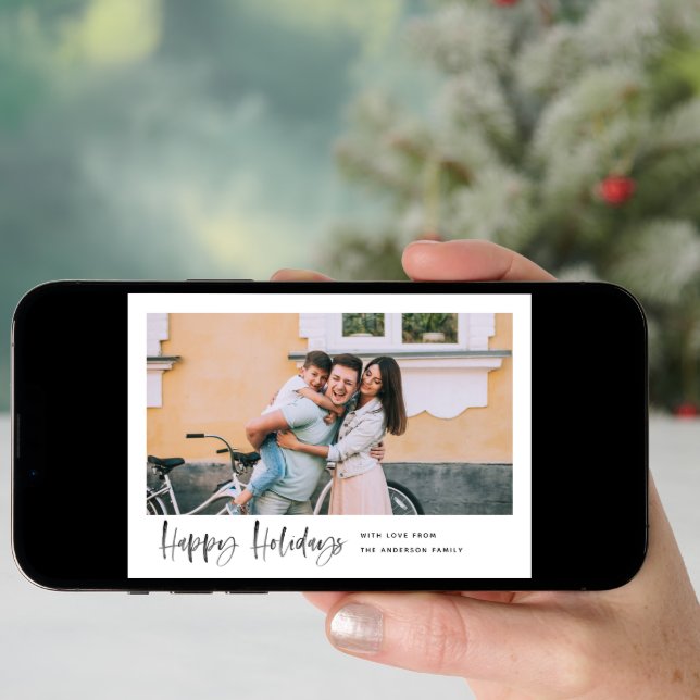 Happy Holidays Modern Script Minimal Photo Holiday Card (Front Digital)