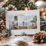Happy Holidays Modern Script Minimalist Photo Holiday Card<br><div class="desc">Happy Holidays,  modern minimalist typography design,  3 vertical centered photos,  holiday card. Features,  modern yellow script "Holidays" and coordinating solid yellow color backing. Template text lines for your name and year.</div>