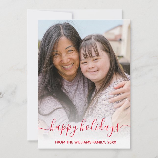 happy holidays modern script red family photo note card (Front)