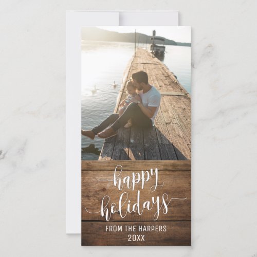 Happy Holidays Modern Script Type Rustic Wood Holiday Card