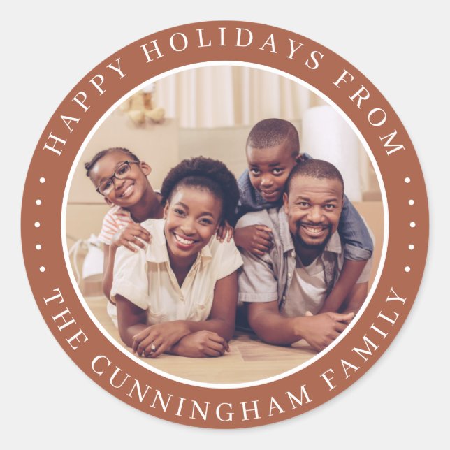 Happy Holidays Modern Simple Chic Family Photo Classic Round Sticker (Front)