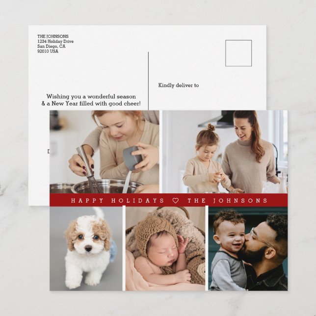 Happy Holidays Modern Simple Family Photo Grid Red Holiday Postcard (Front/Back)