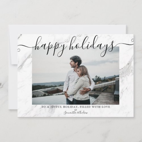 Happy holidays modern simple marble script photo holiday card