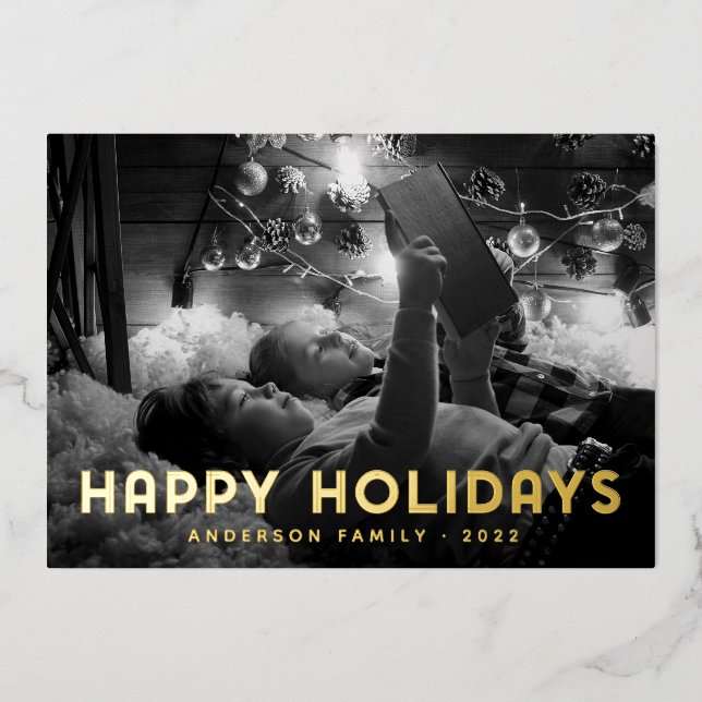 Happy Holidays Modern Simple Typography Foil Holiday Card (Front)