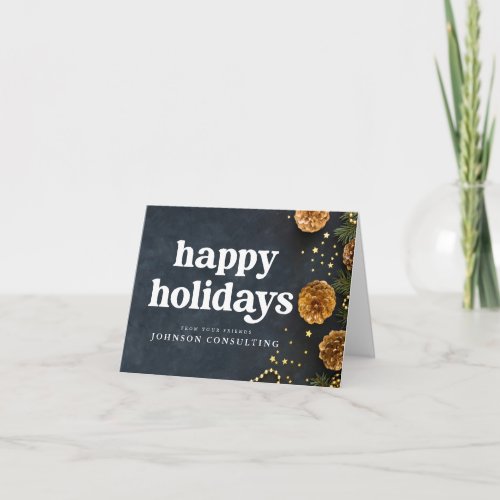 Happy Holidays Modern Stars and Golden Pine Cones Card
