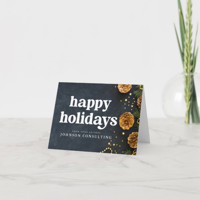 Happy Holidays Modern Stars and Golden Pine Cones Card (Front)