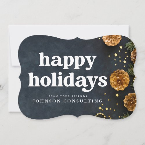 Happy Holidays Modern Stars and Golden Pine Cones Holiday Card