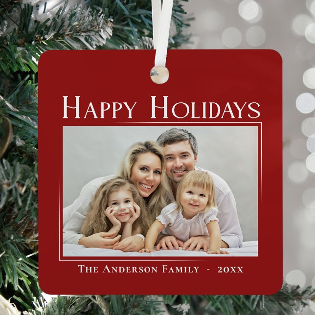 Happy Holidays Modern Style Elegant Family Photo Metal Ornament (Creator Uploaded)