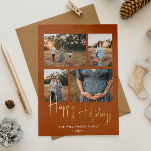 Happy Holidays Modern Terracotta Photo Collage Foil Holiday Card