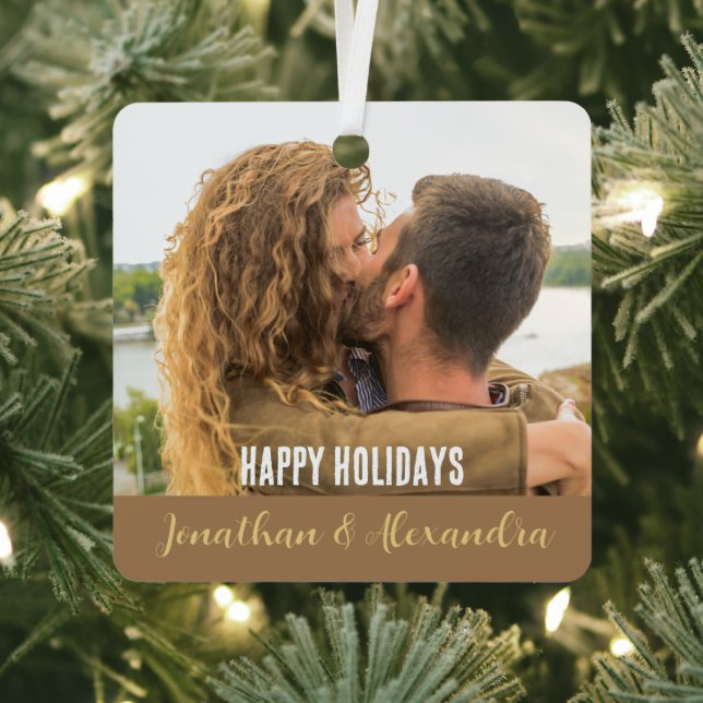 Happy Holidays Modern trendy couple photo script Metal Ornament (Insitu)