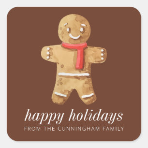 Happy Holidays Modern Watercolor Gingerbread Man Square Sticker