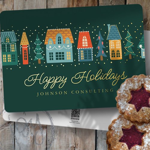 Happy Holidays Modern Winter Snow Village Foil Holiday Card