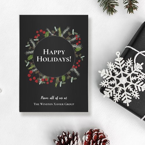 Happy Holidays Modern Wreath Holly Corporate Holiday Card