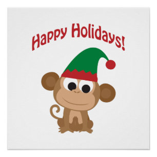 Happy Holidays! Monkey Christmas Elf Poster