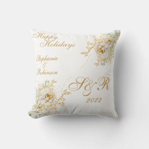 Happy Holidays Monogram Name  Throw Pillow