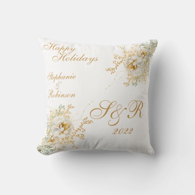 Happy Holidays Monogram Name  Throw Pillow (Front)