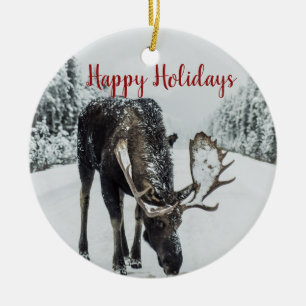 Happy Holidays Moose In Winter Christmas Ceramic Ornament