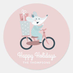 Happy Holidays Mouse Riding Bicycle Personalized Classic Round Sticker